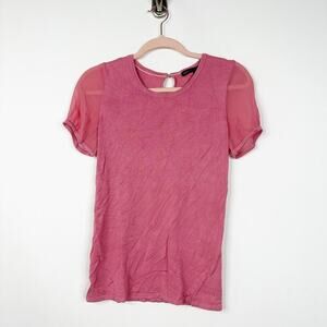 White House Black Market Top XS Sheer Sleeve Keyhole Pink Knitted Blouse #8388